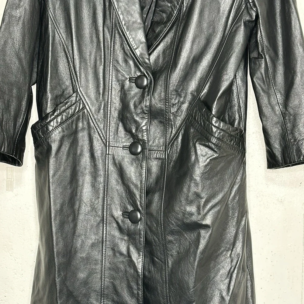 Vintage Donna Pelle PM Black Leather Long Trench Coat Grunge Emu Mobwife Matrix - Picture 5 of 8